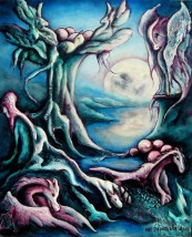 Fantastique -  perles de lune -  naissance Dragons - une Peinture huile